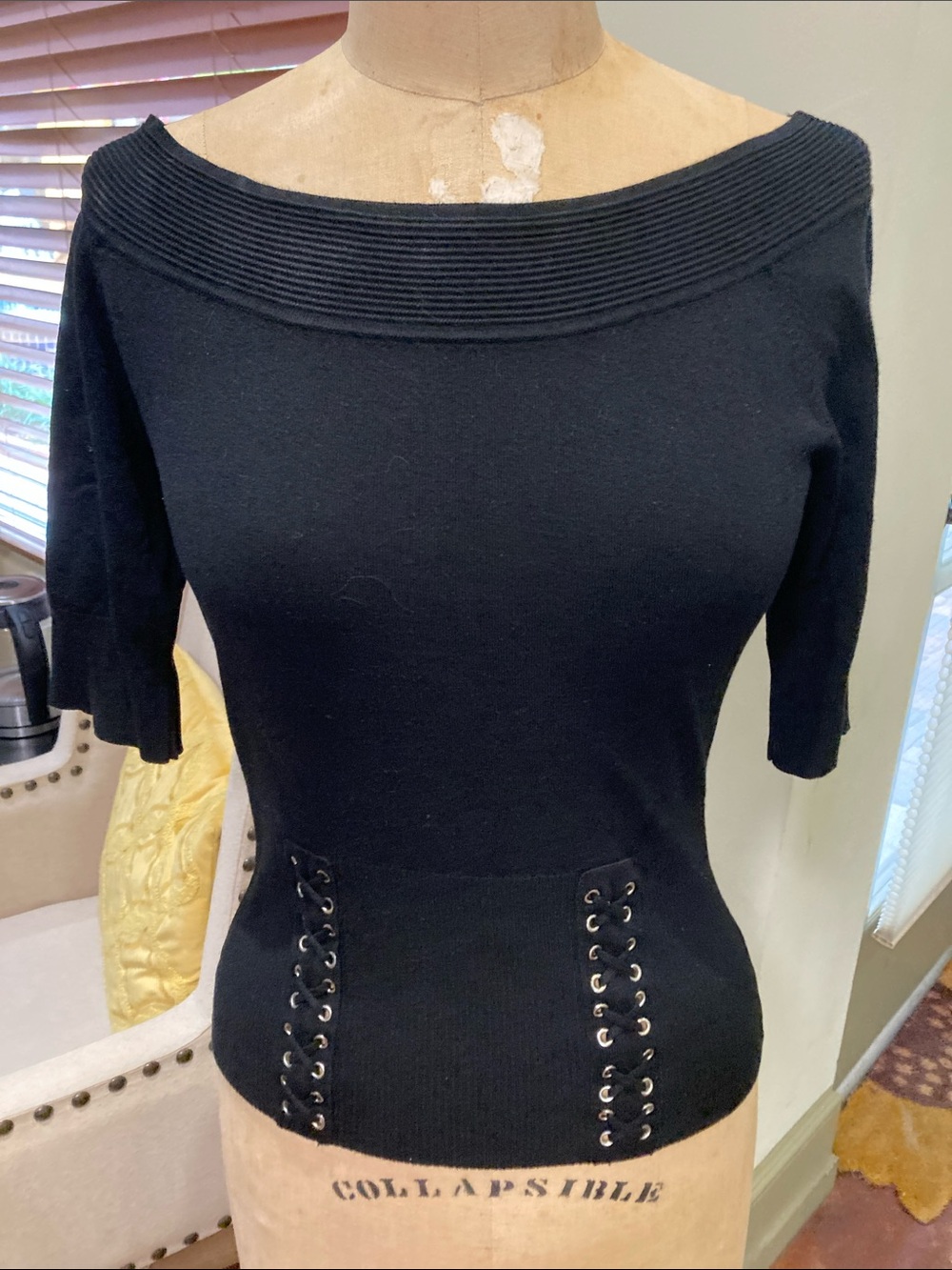 Black Lace-Up Waist Boatneck Sweater